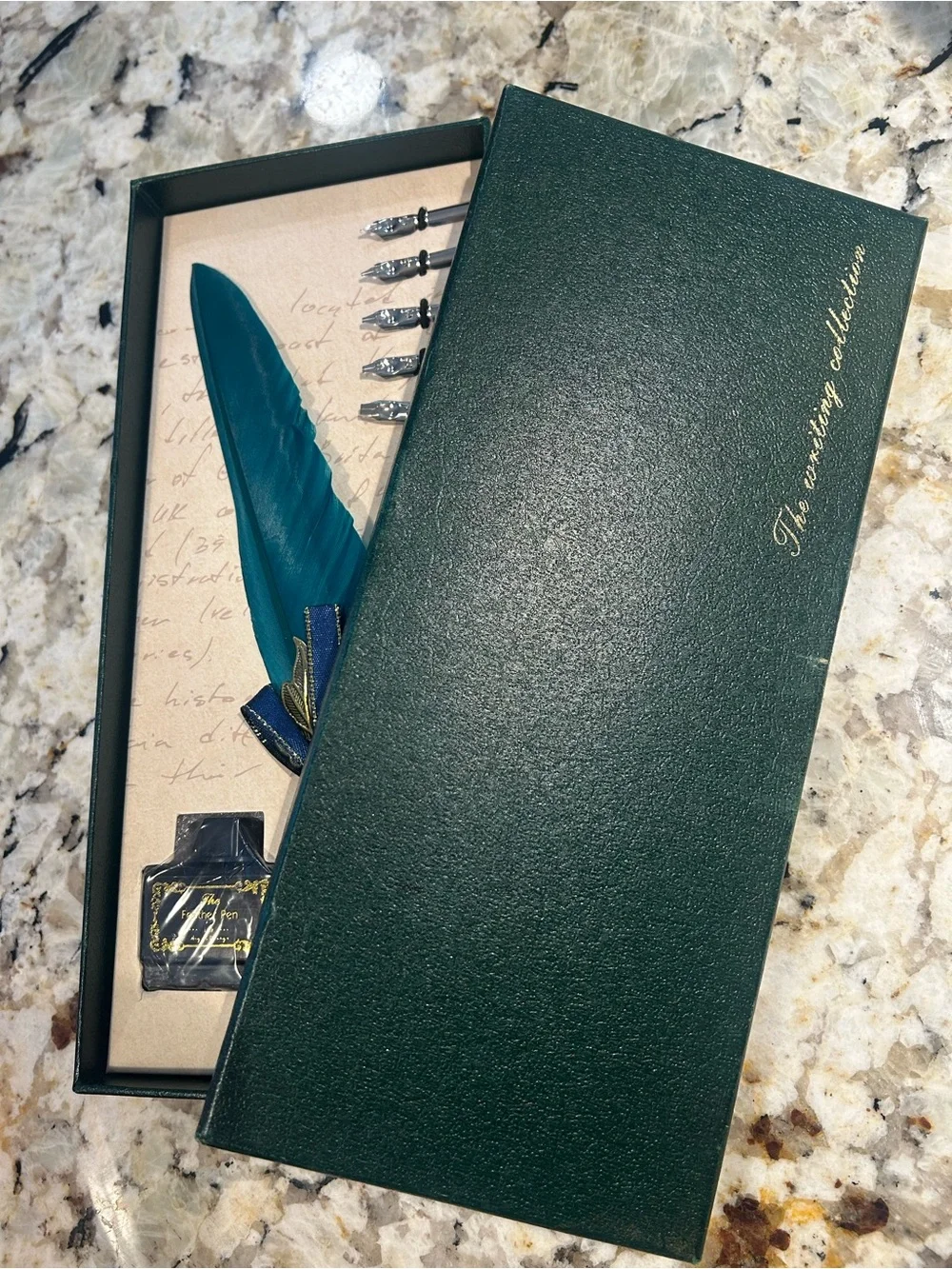 Teal Feather Quill Writing Set with Gold Accents